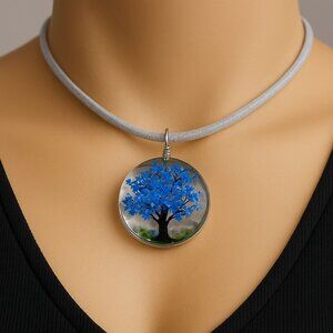 Circle Resin Blue Floral Tree Pendant Necklace 18" Gray Cord Fashion Jewelry
